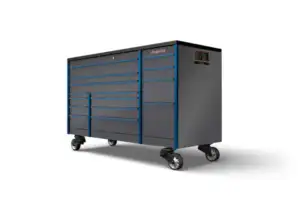 72" 14-Drawer Triple-Bank Masters Series Bed Liner Top Roll Cab with PowerDrawer and SpeeDrawer (Storm Gray with Sky Blue Trim and Blackout Details)