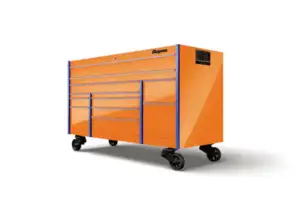 72" 12-Drawer Triple-Bank Masters Series Roll Cab with PowerDrawer and SpeeDrawer (Electric Orange with Sky Blue Trim and Blackout Details)