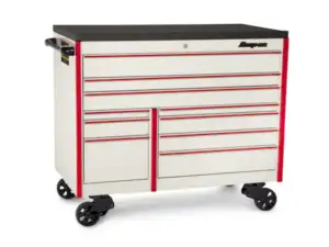 54" 10-Drawer Double-Bank Masters Series Bed Liner Top Roll Cab (White with Red Trim and Blackout Details)