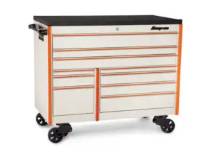 54" 10-Drawer Double-Bank Masters Series Bed Liner Top Roll Cab (White w/Orange Valor Trim and Blackout Details)