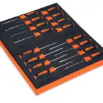 Features  • Includes (2) 1/8 and 3/16", (2) #0 and #1 PHILLIPS® and (4) T8, T10, T15 AND T20 TORX® drivers, plus (4) hook, 90°, 45° and awl picks, and (4) long and short spoon and long and short contoured seal removers in a PRO-FI™ organizer  • Wide tri-lobe grip design and Snap-on® bolstered, special alloy steel blade supply turning power when needed  • Nickel-chrome plating helps protect against corrosion and promotes easy clean up  • Blades of picks and removers are made from tough SAS material, extending the life of the tool  PRO-FI™ Organization: • Modular design provides in-drawer reconfiguration for new tools  • Each tool is precision fitted providing ultimate tool protection  • Contrasting colors make it easy to spot missing tools  • Closed-cell cross-linked foam is easy to clean and resist oils, solvents and fuels  • Finger-press feature at each end of tool for easy retrieval  • Die cut angle for nesting additional wrench sets  • Designed for maximum tool concentration on smallest possible footprint