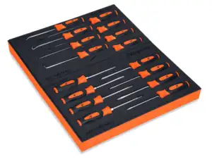 Features  • Includes (2) 1/8 and 3/16", (2) #0 and #1 PHILLIPS® and (4) T8, T10, T15 AND T20 TORX® drivers, plus (4) hook, 90°, 45° and awl picks, and (4) long and short spoon and long and short contoured seal removers in a PRO-FI™ organizer  • Wide tri-lobe grip design and Snap-on® bolstered, special alloy steel blade supply turning power when needed  • Nickel-chrome plating helps protect against corrosion and promotes easy clean up  • Blades of picks and removers are made from tough SAS material, extending the life of the tool  PRO-FI™ Organization: • Modular design provides in-drawer reconfiguration for new tools  • Each tool is precision fitted providing ultimate tool protection  • Contrasting colors make it easy to spot missing tools  • Closed-cell cross-linked foam is easy to clean and resist oils, solvents and fuels  • Finger-press feature at each end of tool for easy retrieval  • Die cut angle for nesting additional wrench sets  • Designed for maximum tool concentration on smallest possible footprint